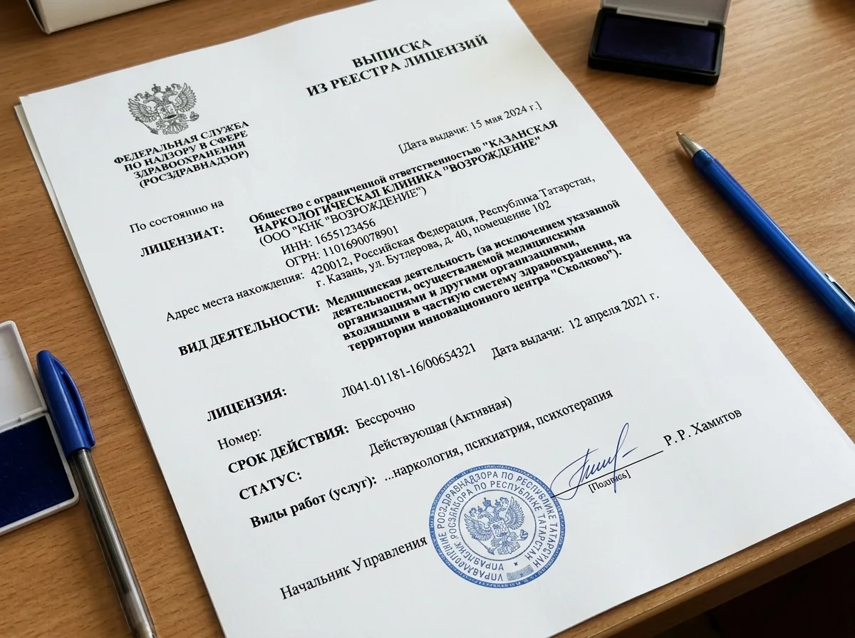 Выписка из реестра лицензий Росздравнадзора, подтверждающая действующий статус медицинской лицензии клиники по наркологии в Казани